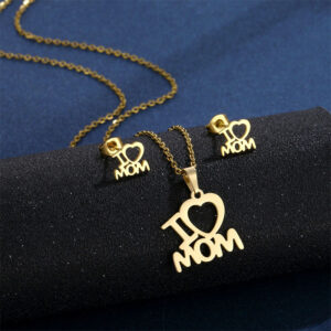 Mother’s Day Jewelry Set Stainless Steel I Love Mom Mama Love Heart Pendant Necklace Earrings Thanksgiving Gift