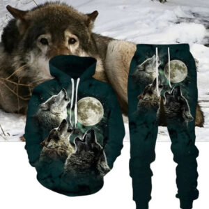 Digital Wolf Pattern Hoodie Sweater Pants Suit For Men And Women
