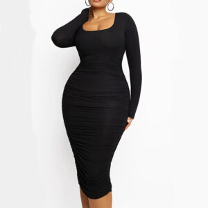 Women’s Square Neck Sexy Shaping Pleated Buttock Dress