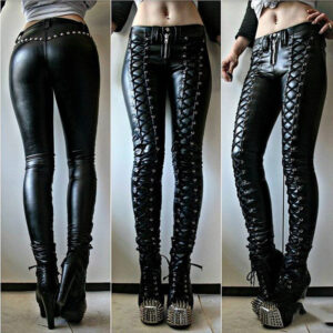 Women’s Gothic Pants in PU Leather with Lace-Up Detailing