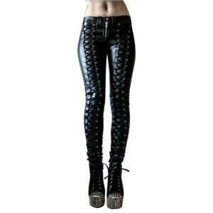 Women’s Gothic Pants in PU Leather with Lace-Up Detailing