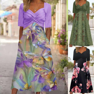 Women’s Fashionable Elegant Butterfly Print Midi Dress