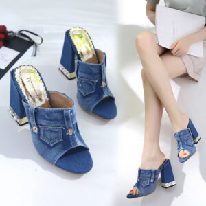 Fashion Casual Thick-Heeled Denim Women’S Shoes High-Heeled Fish Mouth Sandals And Slippers