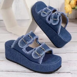 Fashion Denim Buckle Wedges Sandals Summer Outdoor High Heel Slippers Thick Bottom Camouflage Shoes For Women