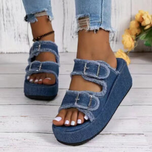 Fashion Denim Buckle Wedges Sandals Summer Outdoor High Heel Slippers Thick Bottom Camouflage Shoes For Women