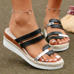 Colorblock-strap Wedges Sandals Summer Fashion Hemp Heel Slides Slippers Outdoor Thick Bottom Fish Mouth Shoes For Women