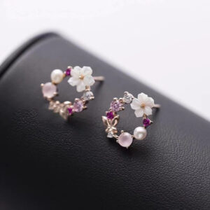 S925 Sterling Silver Fresh Pink Garland Stud Earrings Korean And Japanese Style