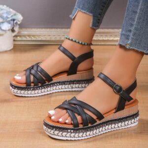 Summer Cross-strap Sandals With Back Buckle Fashion Thick Sole Hemp Flats Beach Shoes Women