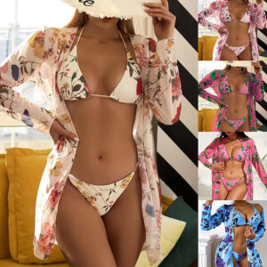 New Swimsuit Women’s Printed Mesh Three-piece Blouse