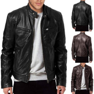 Men’s Zip Cardigan PU Leather Jacket With Stand Collar