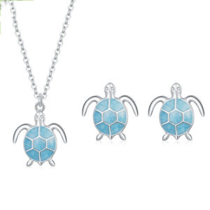 Silvery Blue Turtle 925 Silver Earrings Necklace Set Creative Cute Animal Turtle Jewelry