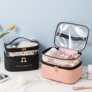 Double Layer Cosmetic Bag Solid Color PU Transparent
