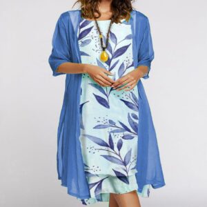 Women’s Dress Two-piece Set Flowers And Plants Printed Round Neck Dress And Coat