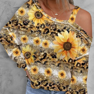 Women’s Oblique Shoulder Pullover T-shirt SUNFLOWER Printed Casual Loose Top