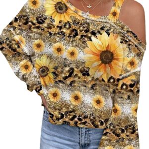 Women’s Oblique Shoulder Pullover T-shirt SUNFLOWER Printed Casual Loose Top