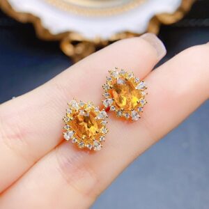 Natural Citrine Stud Earrings 925  Sterling Silver with Inlaid Stone