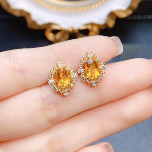 Natural Citrine Stud Earrings 925  Sterling Silver with Inlaid Stone