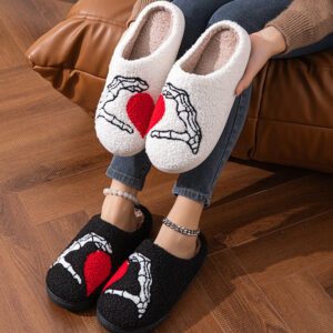 Women’s Fuzzy Skull Heart Halloween Slippers