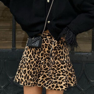 Women’s High Waist Tie Front Leopard Short Skirt