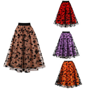 Mesh Double Layer Flock Printing Big Hem Skirt