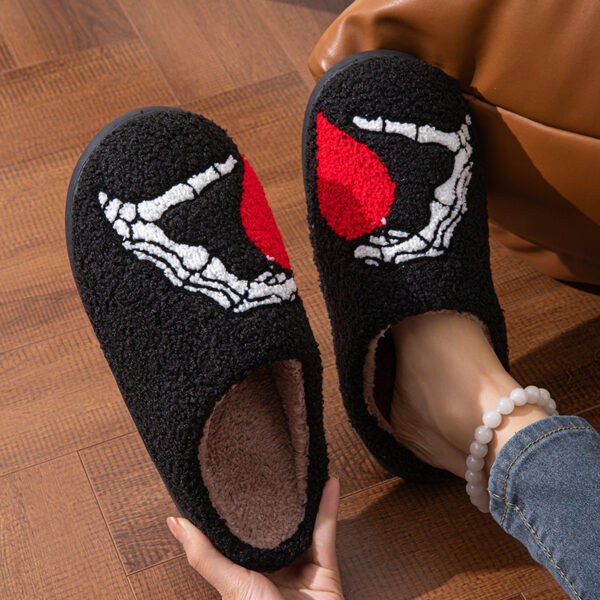 Women's Fuzzy Skull Heart Halloween Slippers - Image 5