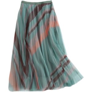 Loose Fitting A-Line Skirt with Pleats and Stripes