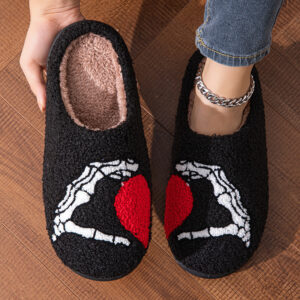 Women’s Fuzzy Skull Heart Halloween Slippers