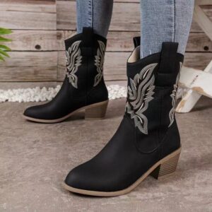 Fashion Chunky-heeled Pointed Toe Boots Winter Ethnic Style Embroidered Mid-Tube Western Shoes Women