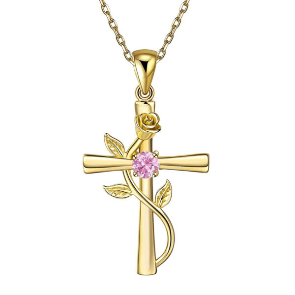 Rose Cross Necklace Featuring Birthstone Rhinestone Charm - Image 5