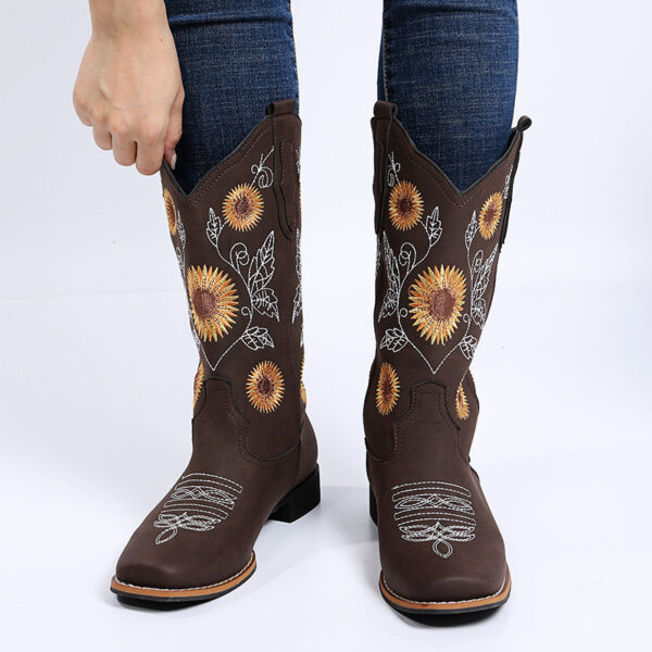 Cowboy Boots Women Sunflower Embroidery Shoes Low Heel Western Boot - Image 9