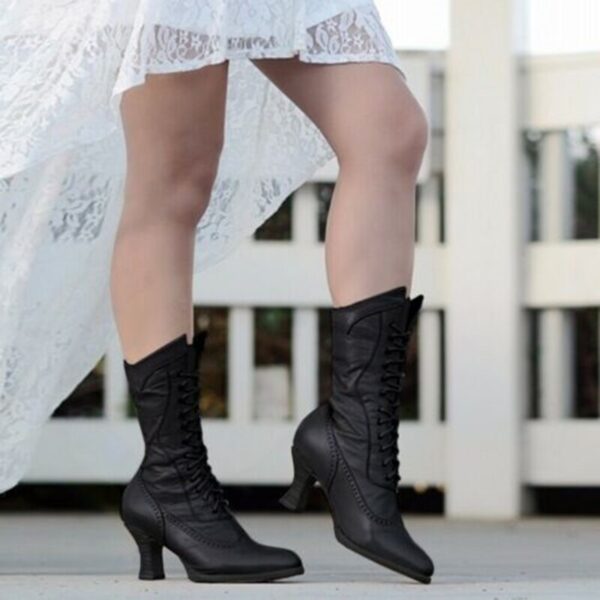 Pointed toe lace mid-heel women's boots - Image 7