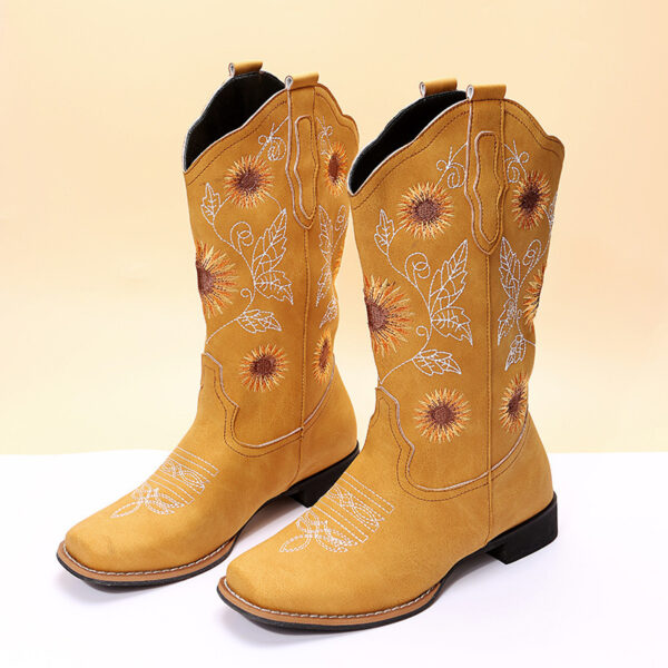 Cowboy Boots Women Sunflower Embroidery Shoes Low Heel Western Boot - Image 8