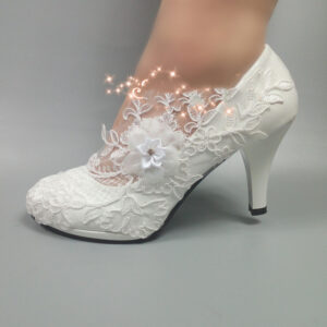 White Bridal Lace Flower Wedding Shoes High Heels