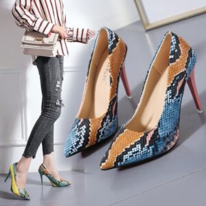 Pointed Toe Color Matching Snake Print Stiletto High-heeled Shoes For Foreign Trade Women