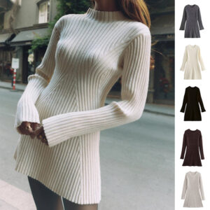 Fashion Solid Ribbed Knitted Dress Fall And Winter Slim-fit Stand-up Collar A-line Dresses Women’s Clothing