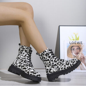 Women Martin Boots Black White Leopard Print Low Heel Shoes Cowgirl Boots