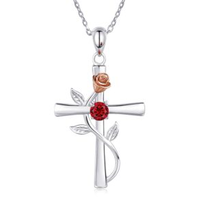 Rose Cross Necklace Featuring Birthstone Rhinestone Charm