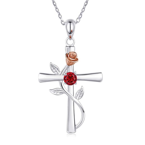 Rose Cross Necklace Featuring Birthstone Rhinestone Charm - Image 2