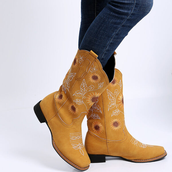 Cowboy Boots Women Sunflower Embroidery Shoes Low Heel Western Boot - Image 3