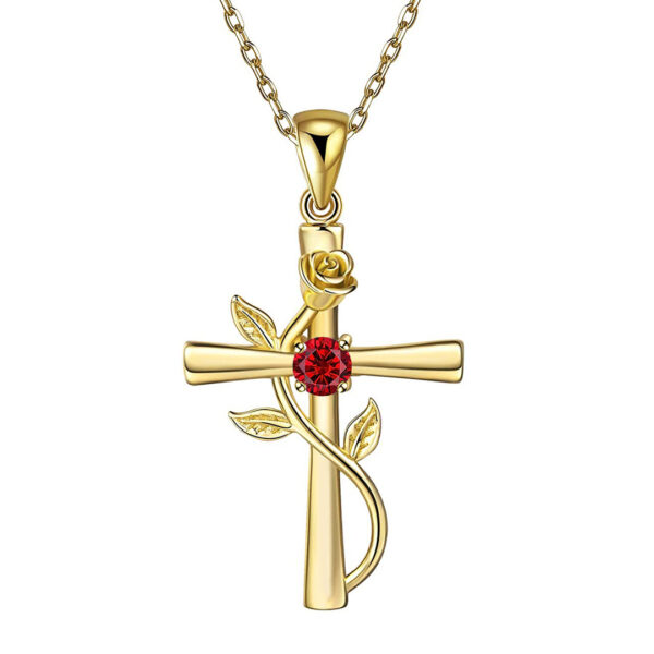 Rose Cross Necklace Featuring Birthstone Rhinestone Charm - Image 3