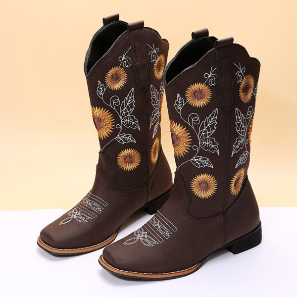 Cowboy Boots Women Sunflower Embroidery Shoes Low Heel Western Boot - Image 6