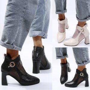 Large Size Boots Mesh Transparent Metal Buckle Thick Heel Short Boots