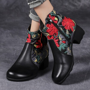 Simple Ethnic Thick Heel Flowers Comfortable Retro Boots