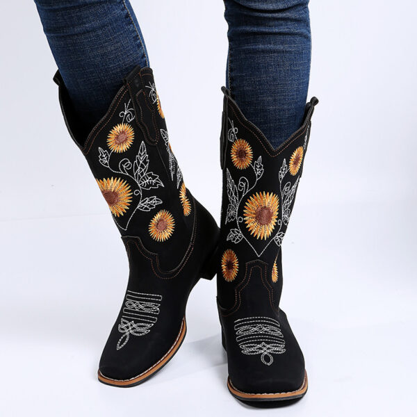 Cowboy Boots Women Sunflower Embroidery Shoes Low Heel Western Boot - Image 4