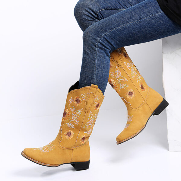 Cowboy Boots Women Sunflower Embroidery Shoes Low Heel Western Boot - Image 7