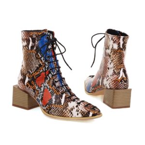 Fashion Mid-heel Square Toe 40414243 Snake Front Lace-up Low-top Women’s Boots