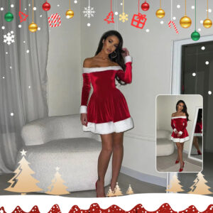 Women’s Christmas Costume Santa Dress Plush Trim Boat-Neck Off-Shoulder Sleeve Dress New Year Party Cosplay Costume