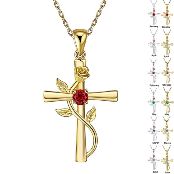 Rose Cross Necklace Featuring Birthstone Rhinestone Charm