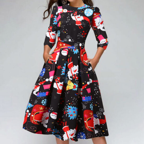 Christmas Print Slim Round Neck Dress