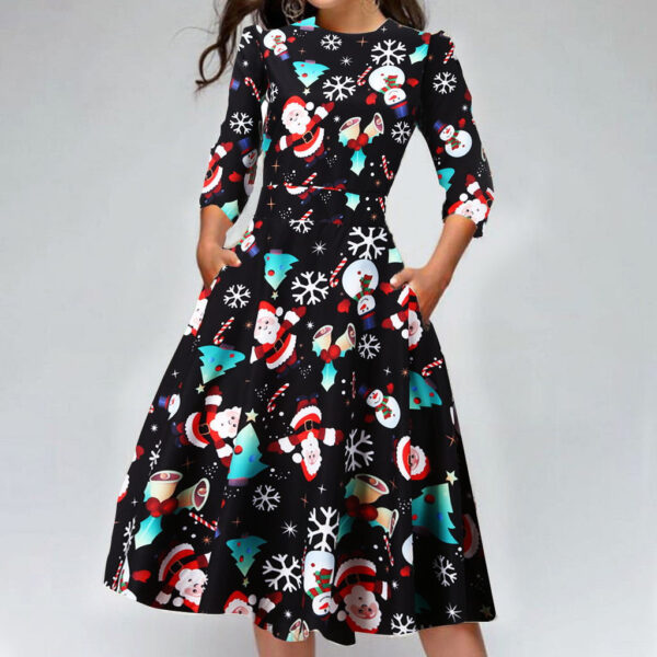 Christmas Print Slim Round Neck Dress - Image 4